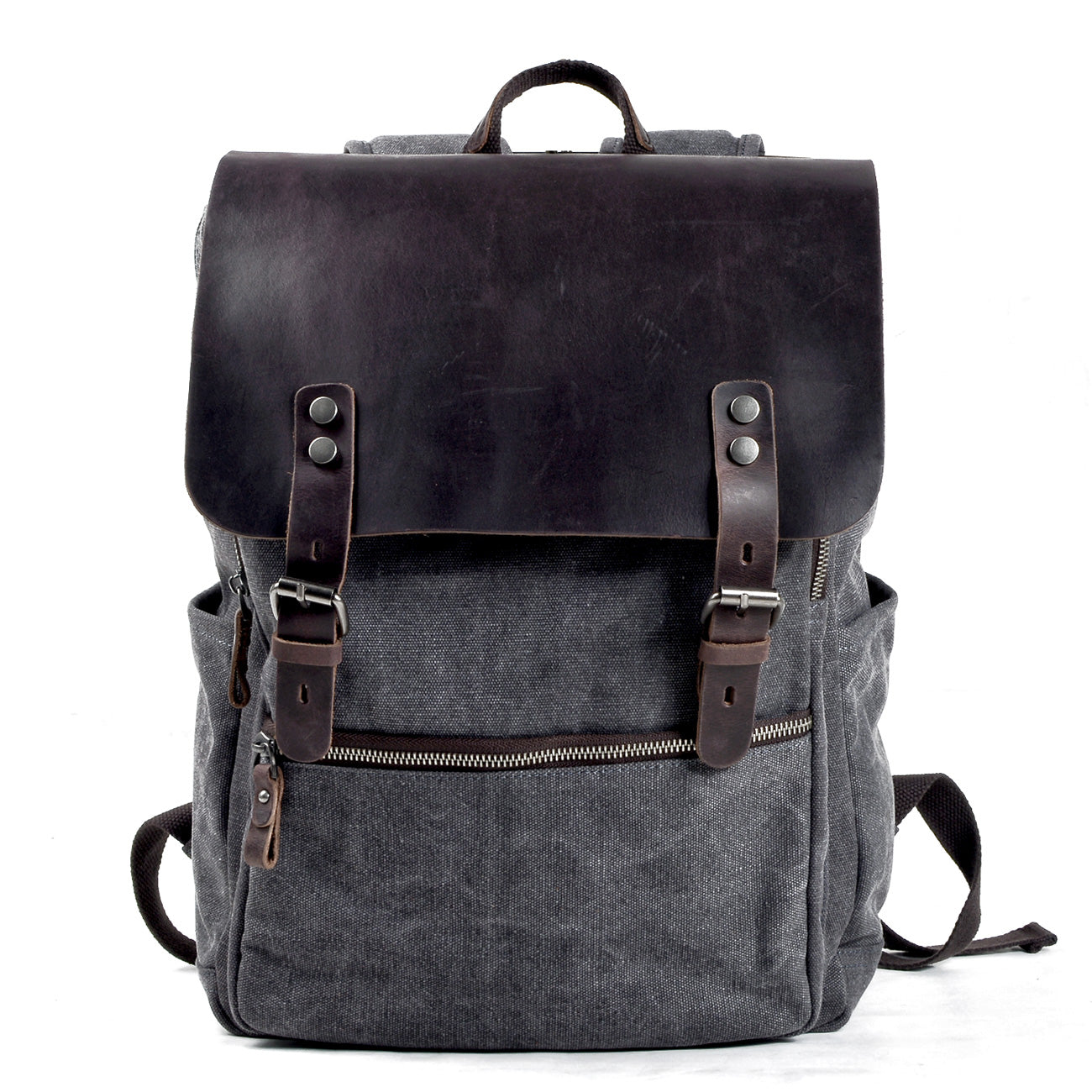 Genuine Leather Flap Cover Canvas Backpack