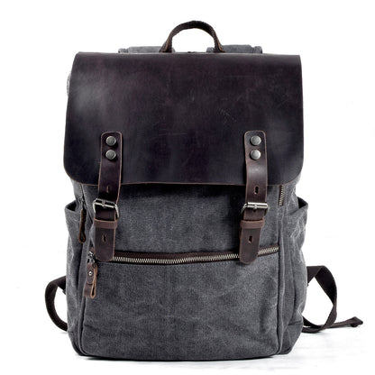 Genuine Leather Flap Cover Canvas Backpack