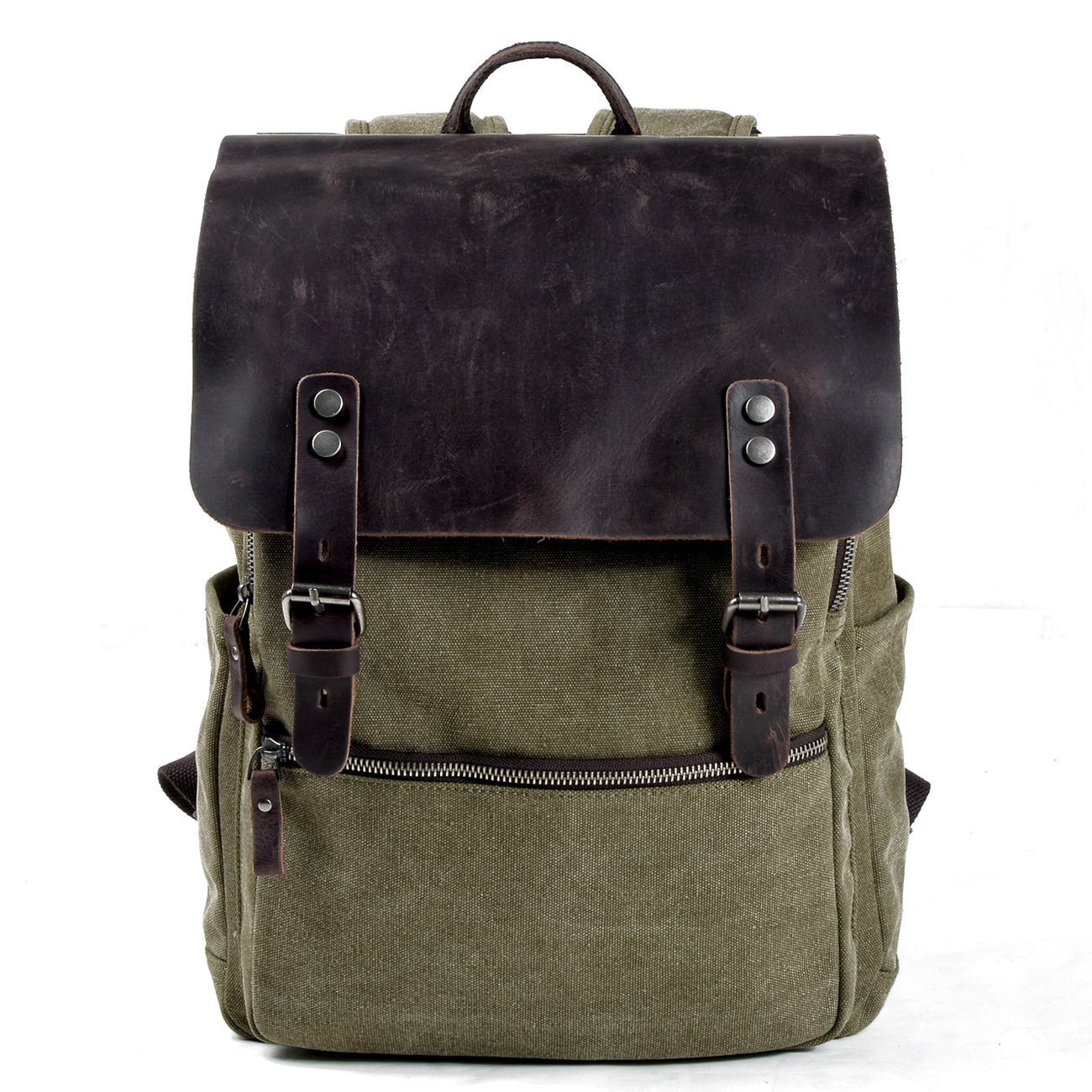 Genuine Leather Flap Cover Canvas Backpack