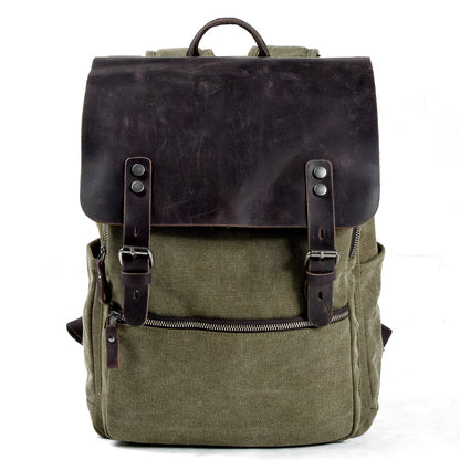 Genuine Leather Flap Cover Canvas Backpack