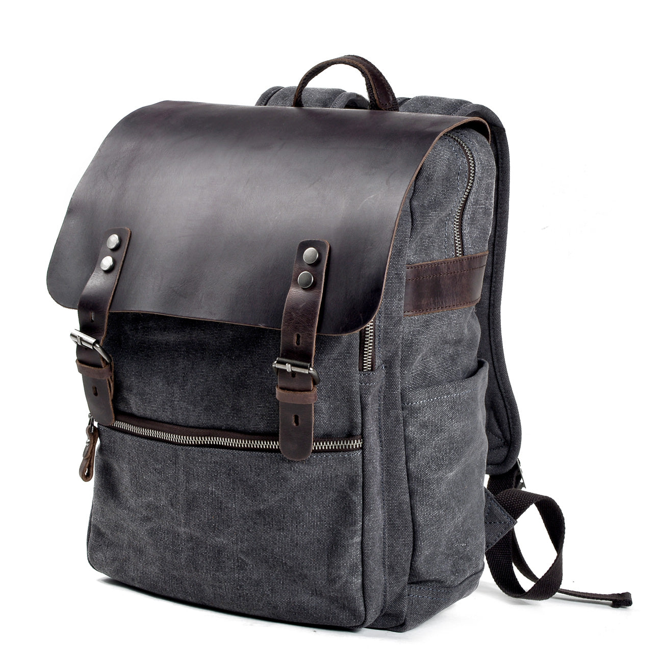 Genuine Leather Flap Cover Canvas Backpack