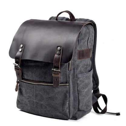 Genuine Leather Flap Cover Canvas Backpack