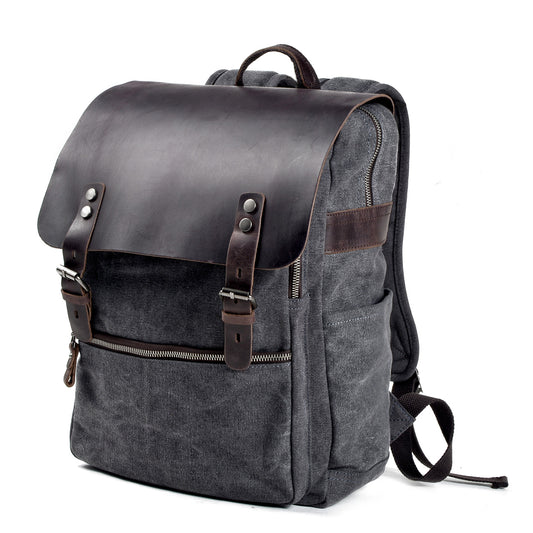 Genuine Leather Flap Cover Canvas Backpack