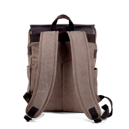 Genuine Leather Flap Cover Canvas Backpack