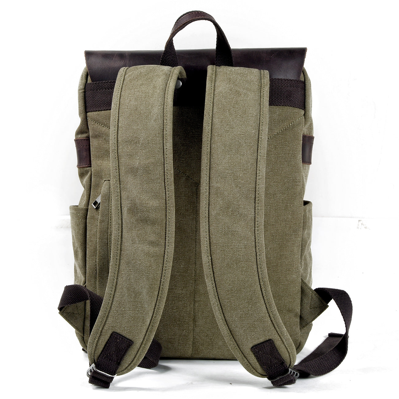 Genuine Leather Flap Cover Canvas Backpack