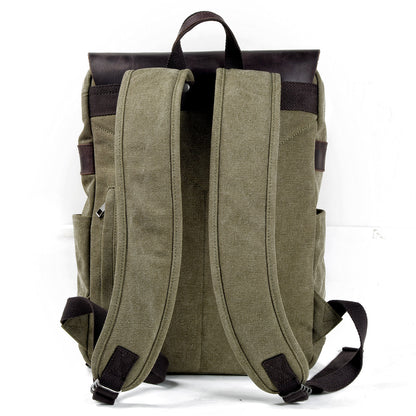 Genuine Leather Flap Cover Canvas Backpack