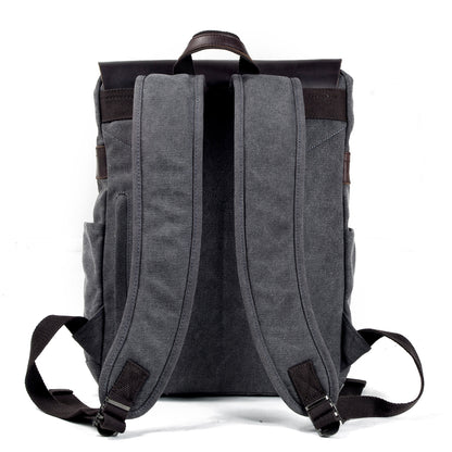 Genuine Leather Flap Cover Canvas Backpack