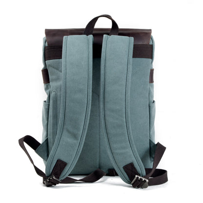 Genuine Leather Flap Cover Canvas Backpack