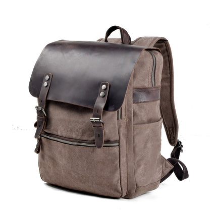 Genuine Leather Flap Cover Canvas Backpack