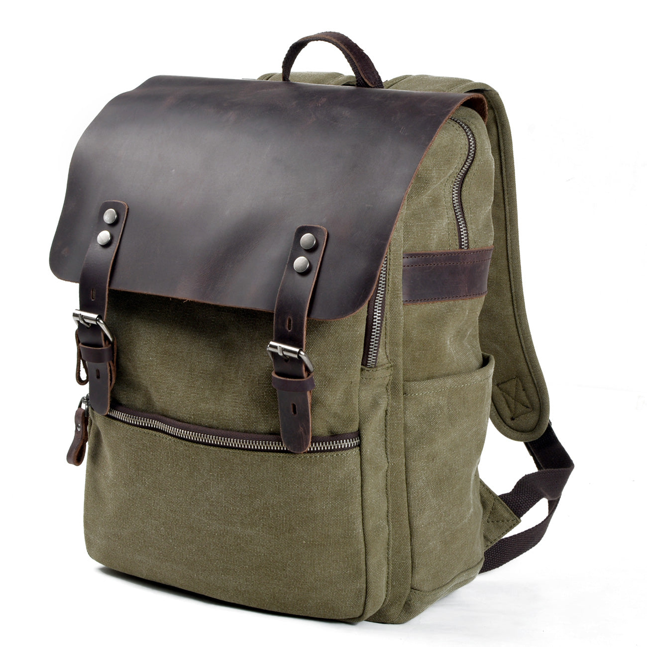 Genuine Leather Flap Cover Canvas Backpack