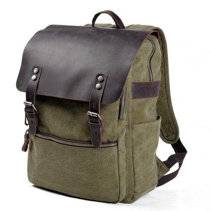 Genuine Leather Flap Cover Canvas Backpack