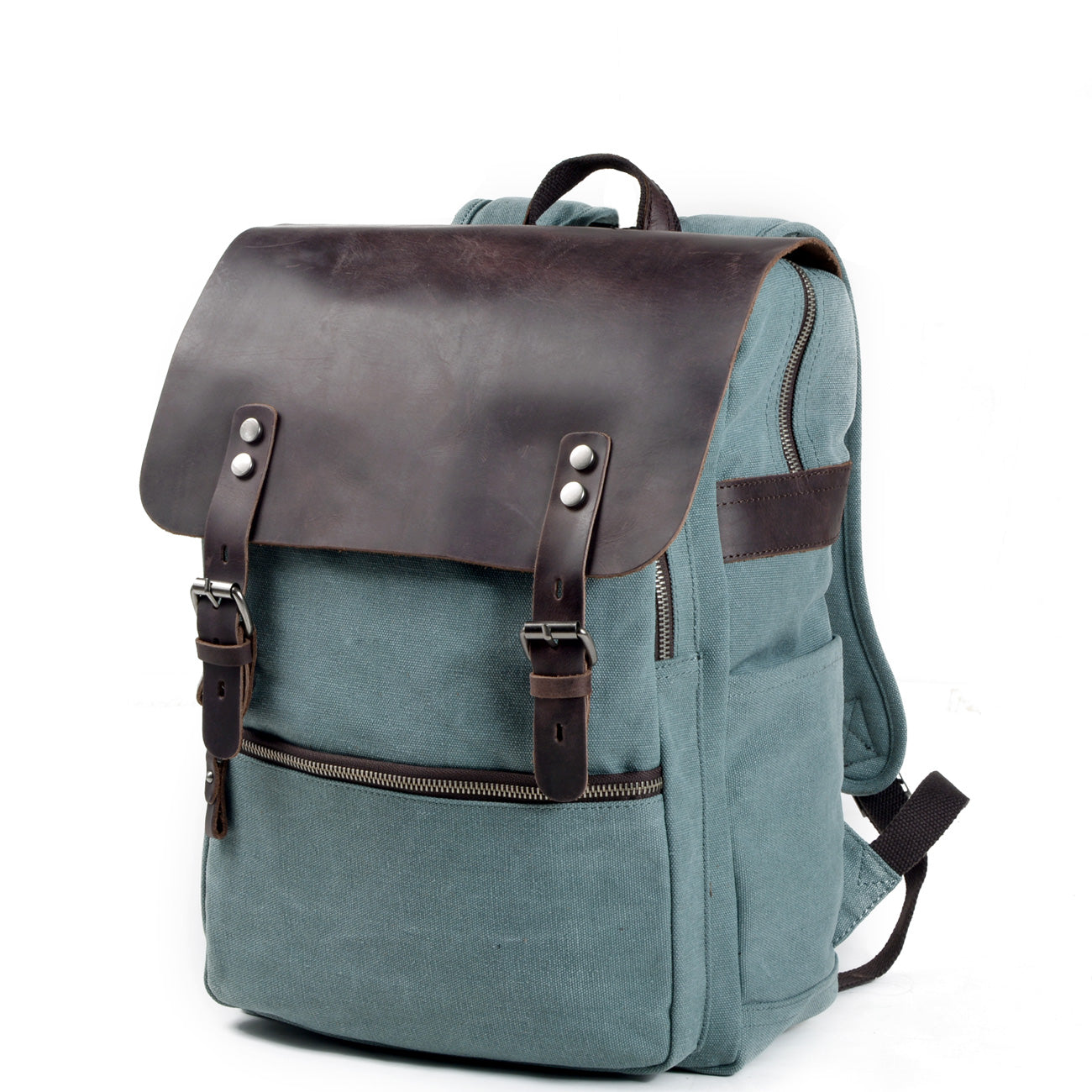 Genuine Leather Flap Cover Canvas Backpack