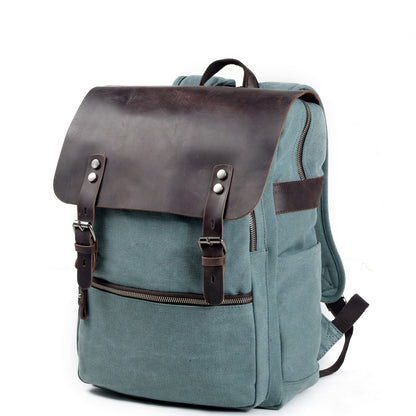Genuine Leather Flap Cover Canvas Backpack
