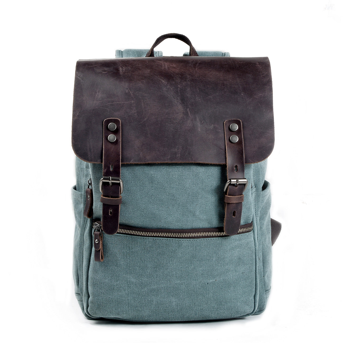 Genuine Leather Flap Cover Canvas Backpack