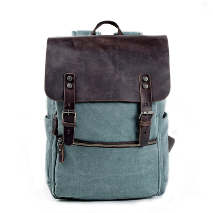 Genuine Leather Flap Cover Canvas Backpack