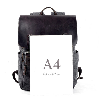Genuine Leather Flap Cover Canvas Backpack