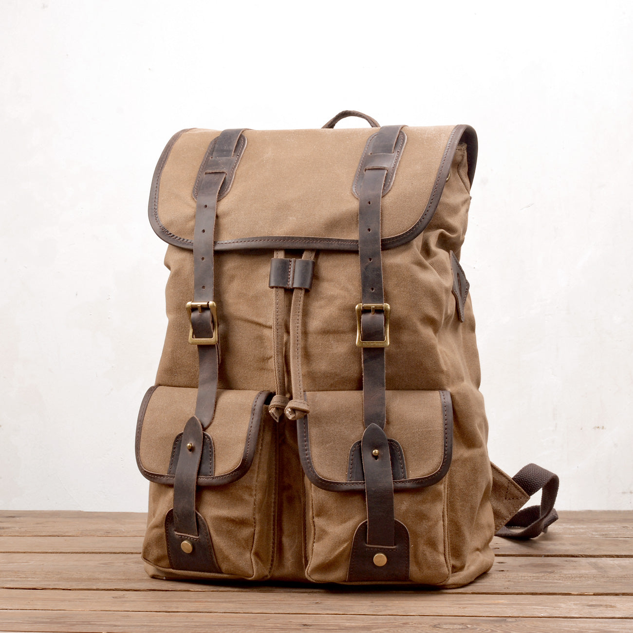 Durable Canvas Leather Backpack with Drawstring