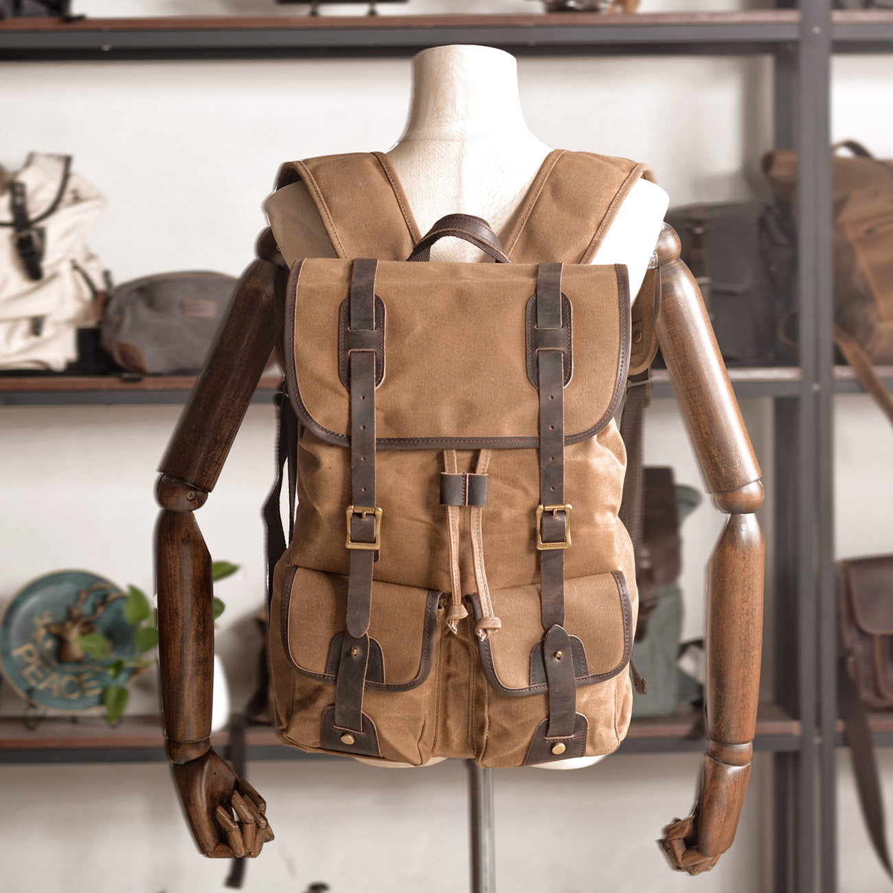 Durable Canvas Leather Backpack with Drawstring