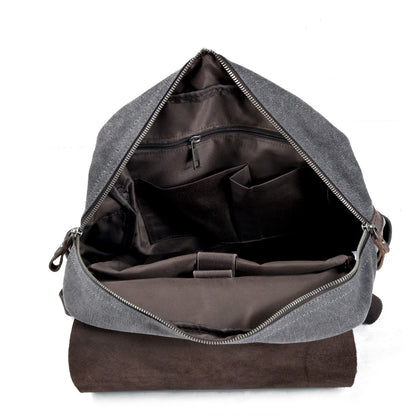 Genuine Leather Flap Cover Canvas Backpack