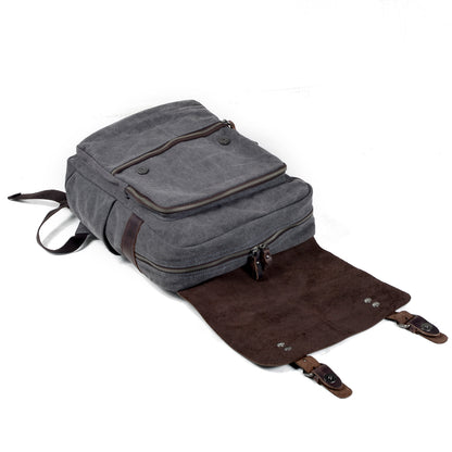 Genuine Leather Flap Cover Canvas Backpack