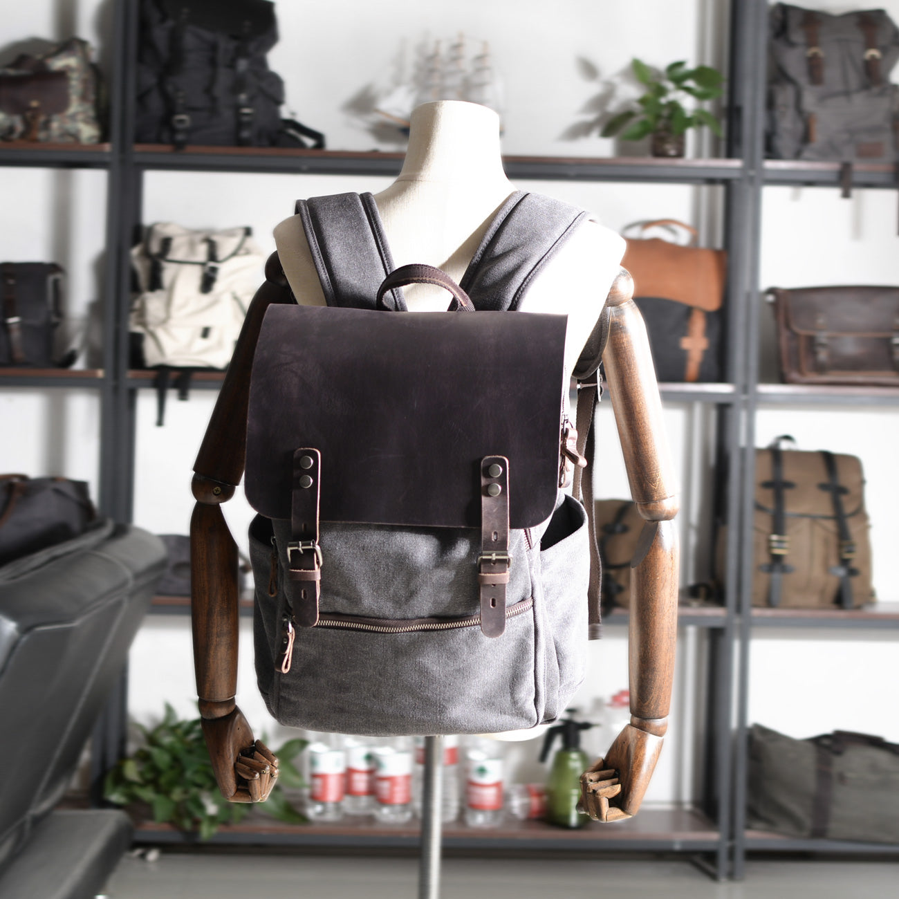 Genuine Leather Flap Cover Canvas Backpack