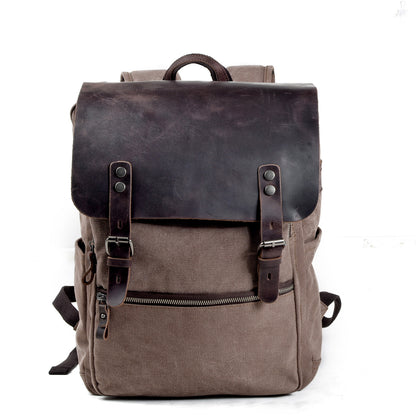 Genuine Leather Flap Cover Canvas Backpack